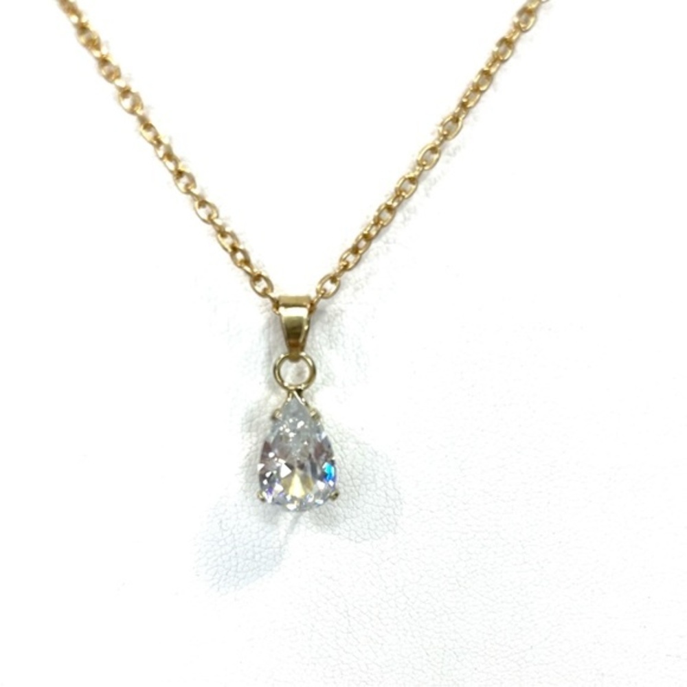 Large Teardrop Solitaire Rhinestone Gold Tone Necklace